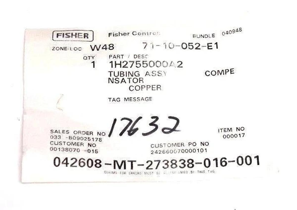 Used NIB FISHER CONTROLS 1H2755000A2 TUBING ASSEMBLY