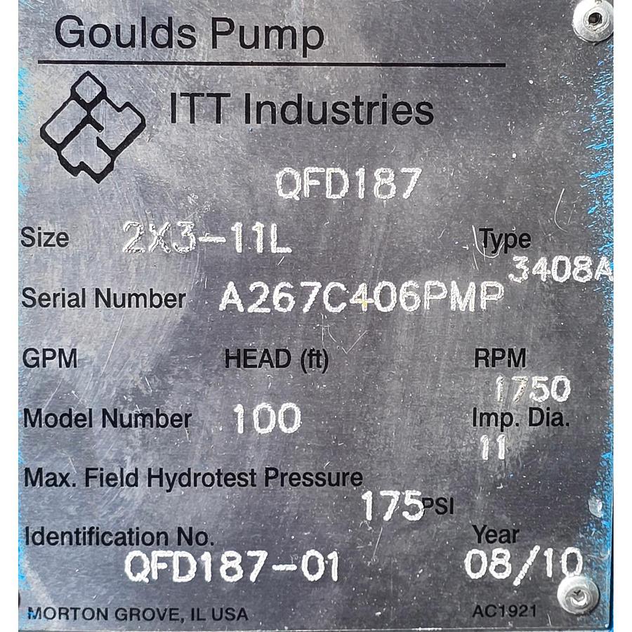 Used ITT GOULDS PUMP 3408A 2X3-11L DOUBLE SUCTION SPLIT CASE PUMP P/N QFD187 NSNP