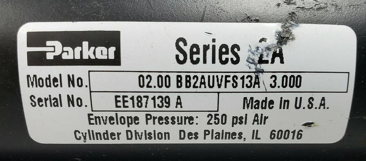 Used PARKER SERIES 2A 02.00 BB2AUVFS13A 3.000 PNEUMATIC CYLINDER 250PSI