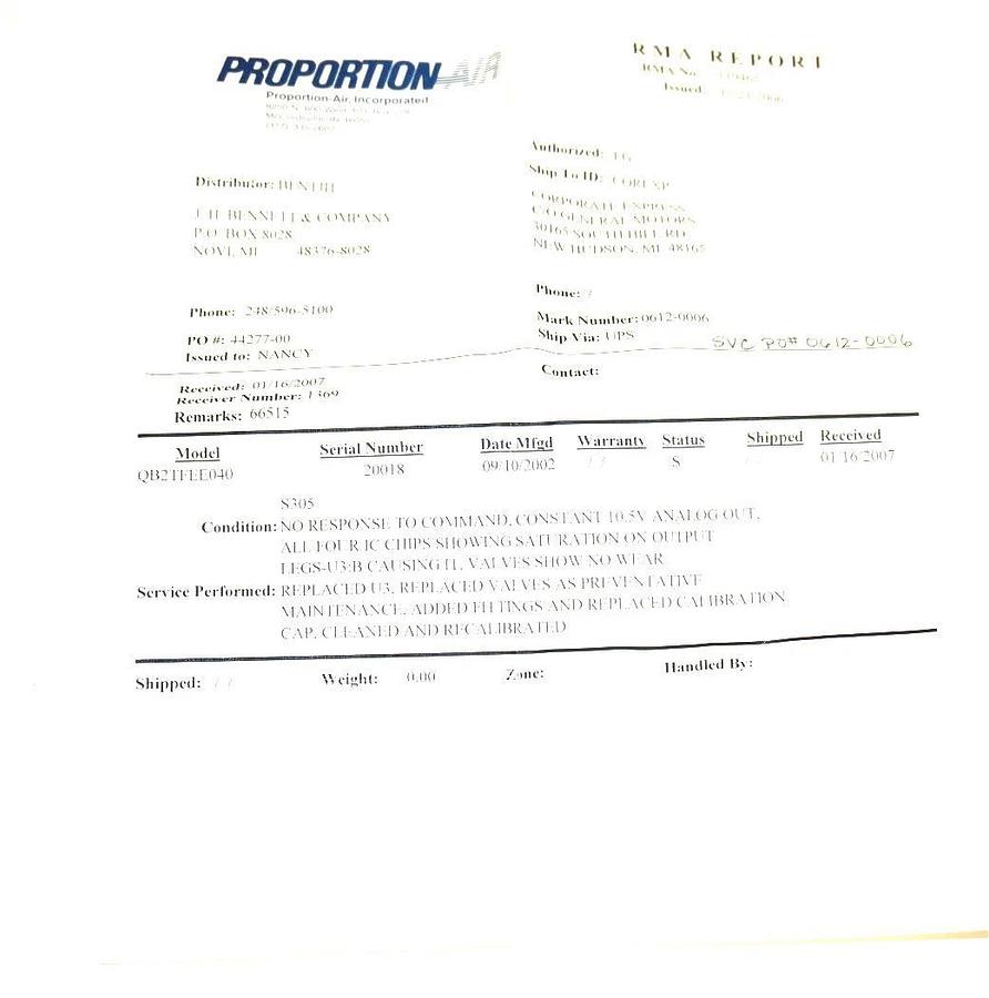 Refurbished PROPORTION AIR INC. QB2TFEE040 PRESSURE CONTROL VALVE MODIFICATIONS 305