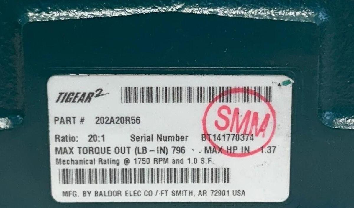 DODGE 202A20R56 TIGEAR-2 REDUCER-EXT O/P SHAFT 20:1 RATIO 1.37HP MAX NSMP