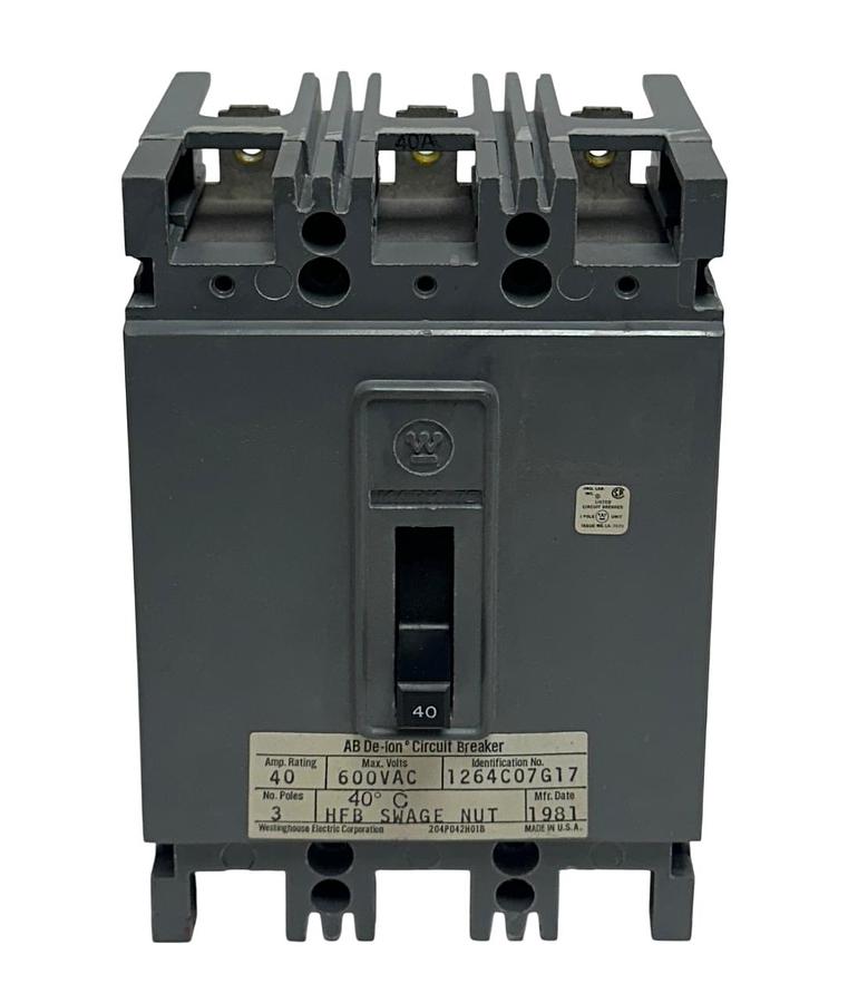 Used WESTINGHOUSE HFB3040-U / 1264C07G17 AB De-ion CIRCUIT BREAKER 40A 600VAC NSMP
