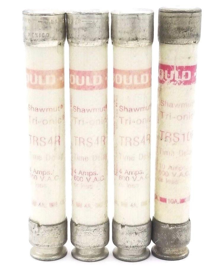 Used LOT OF 4 GOULD SHAWMUT TRI-ONIC TIME-DELAY FUSES TRS4R, TRS10R