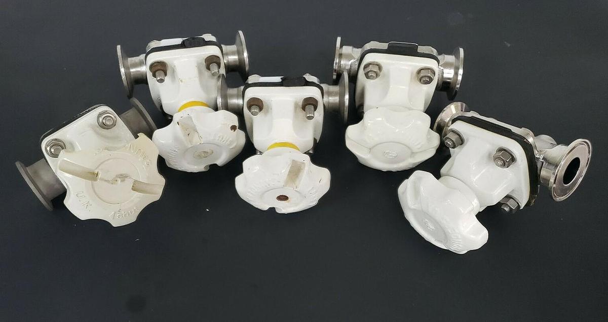 Used LOT OF 5 SAUNDERS DIAPHRAGM VALVES WITH 7/8" ID X 2" OD VALVE BODIES