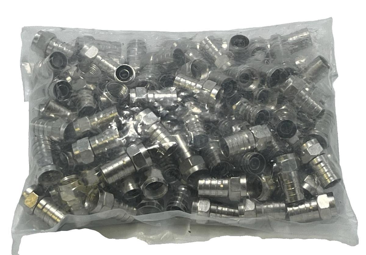 Used 100 Pack of TruSpec F56-324T RG6 Coaxial F-Type Crimp-On Connectors - Tin Plate