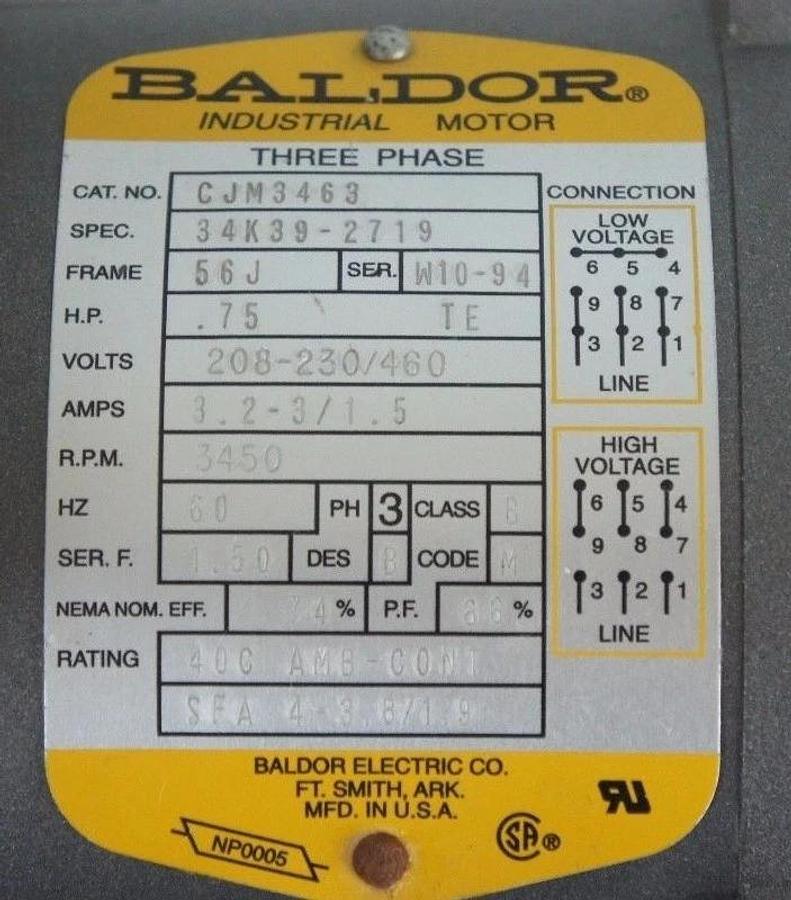 Refurbished REPAIRED BALDOR CJM3463 INDUSTRIAL MOTOR SPEC 34K39-2719, 0.75HP, 208-230/460V