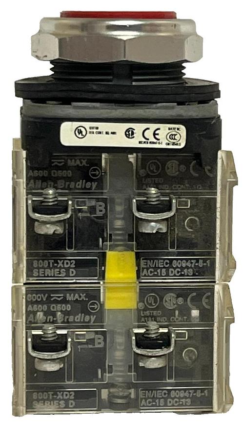 Used Allen-Bradley 800T-A6D2 Ser T Red Flush Push Button w/ (3) 800T-XD2 Ser D Blocks