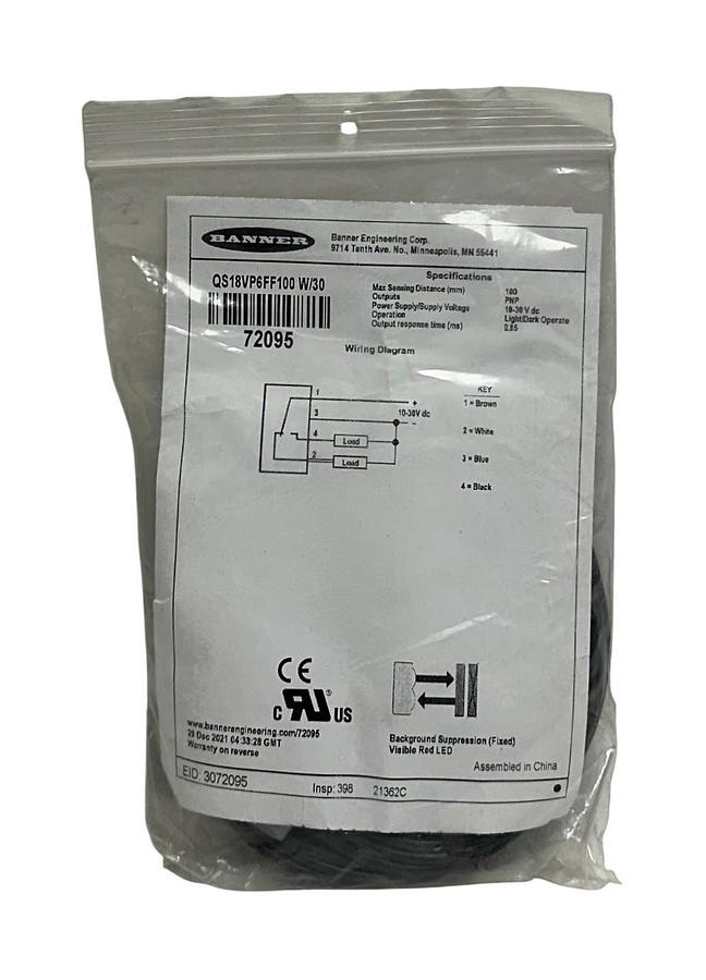 BANNER QS18VP6FF100 W/30 / 72095 WORLD-BEAM PHOTOELECTRIC SENSOR 10-30VDC NSMP