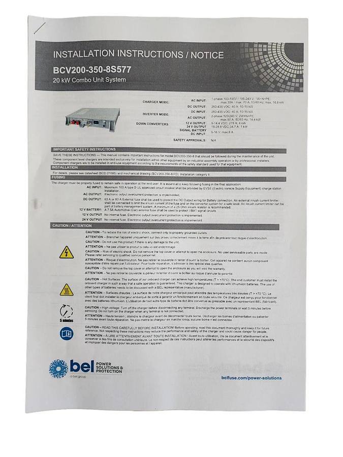 Used BEL POWER SOLUTIONS BCV200-350-8S577 / BCV200-350-8 20kW INVERTER/CHARGER NSFS