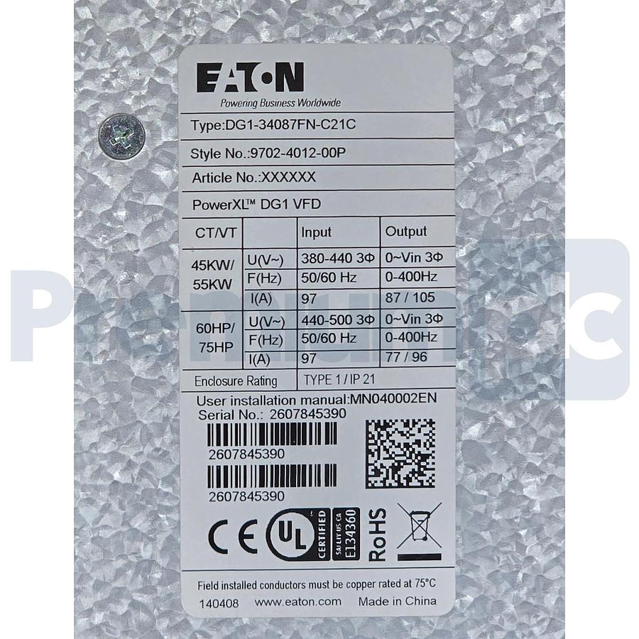 Used EATON DG1-34087FN-C21C PowerXL DG1 VFD 60/75HP 3P/440-500V 9702-4012-00P NSNP