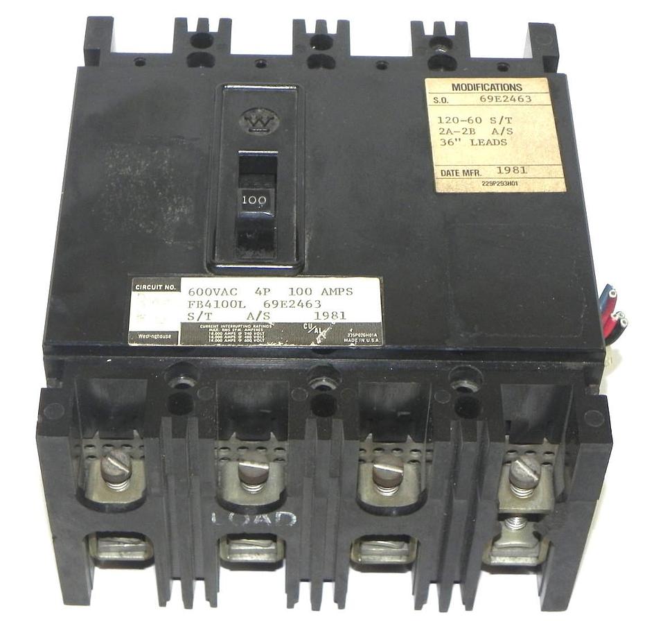 Used WESTINGHOUSE FB4100L CIRCUIT BREAKER 4 POLE 100 AMP, 69E2463