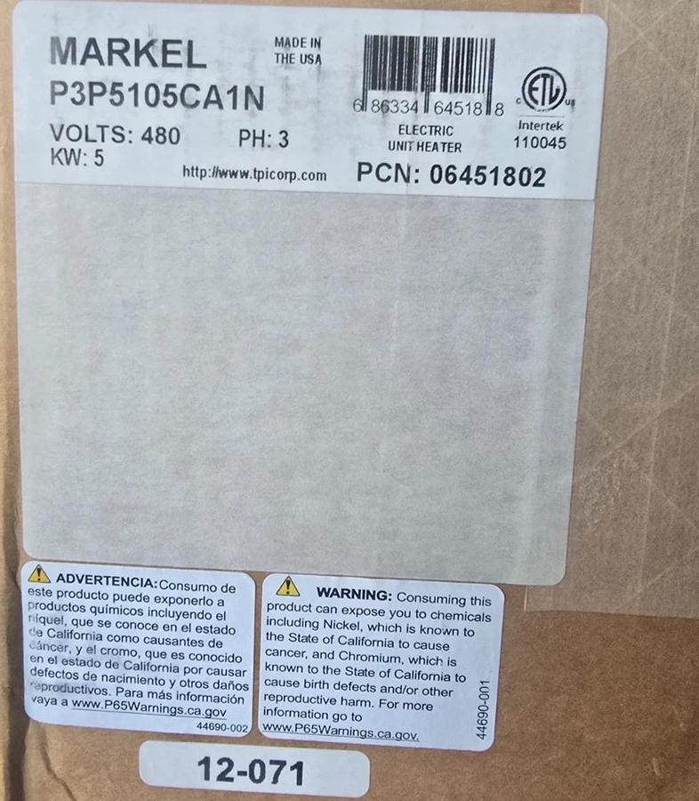 TPI Markel P3P5105CA1N 5100 Series Taskmaster Unit Heater 5kW 480V 3PH 06451802