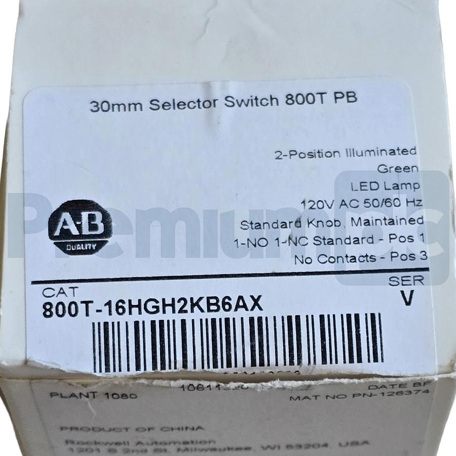 Used Allen-Bradley 800T-16HGH2KB6AX /V Selector Switch 30mm 2-Pos Green LED 120V NSMP