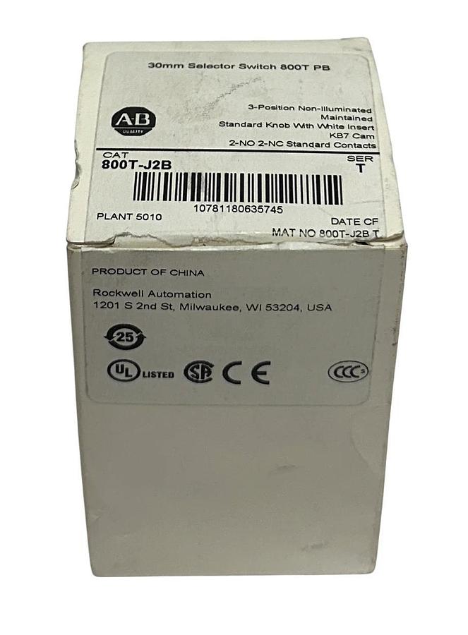ALLEN BRADLEY 800T-J2B /T BULLETIN 800T 30mm SELECTOR SWITCH 3-POS 2NO/2NC NSMP