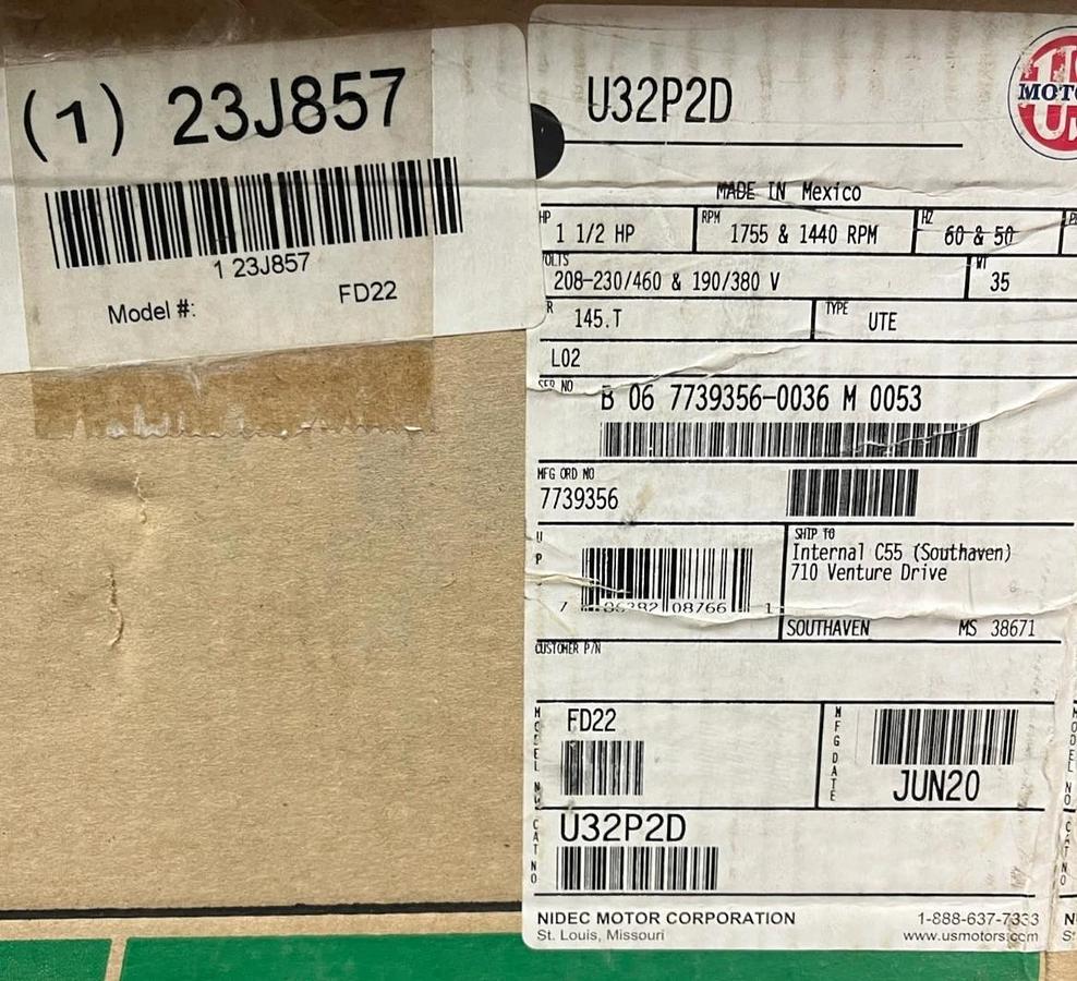 Nidec US Motors U32P2D 1.5 HP 3-Phase Motor | 1755 RPM | TEFC | 145T Frame NSMP