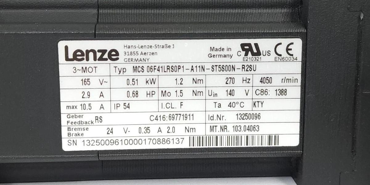 Used LENZE MCS 06F41LRS0P1-A11N-ST5S00N-R2SU SERVO MOTOR ID. NR. 13250096