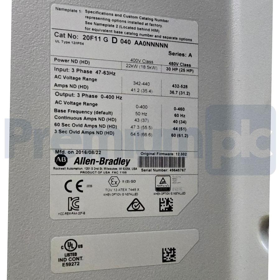 Used Surplus Allen Bradley 20F11GD040AA0NNNNN /A PowerFlex 753 VFD Drive 480V 30HP