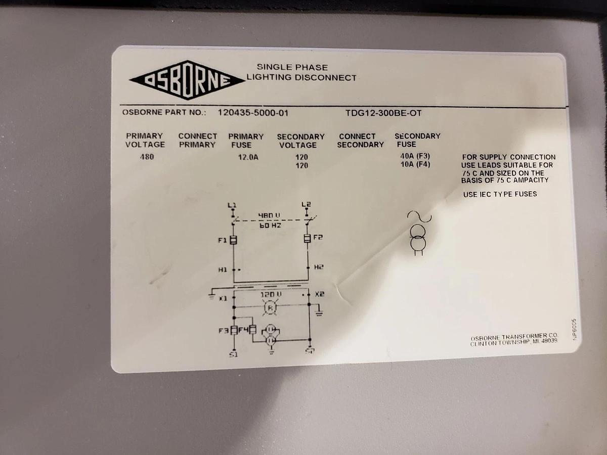 Used OSBORNE 120435-5000-01 LIGHTING DISCONNECT TRANSFORMER TDG12-300BE-OT 120-480V