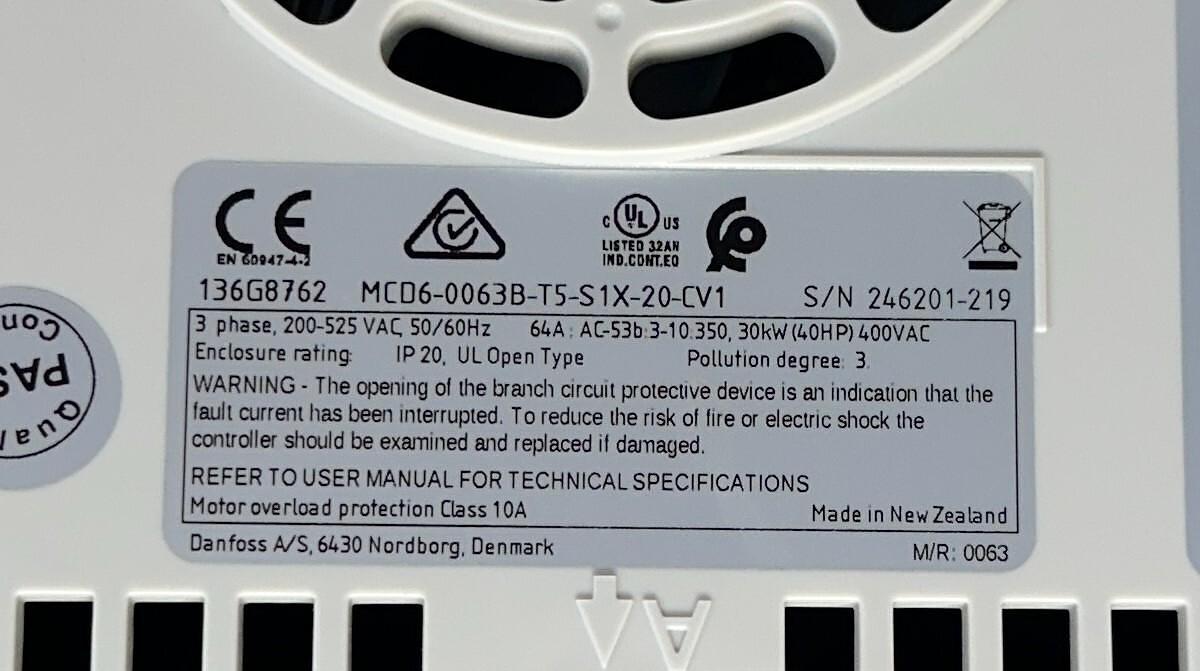 Used DANFOSS MCD6-0063B-T5-S1X-20-CV1 / 136G8762 VLT SOFT STARTER 30kW/40HP 3PH USNP