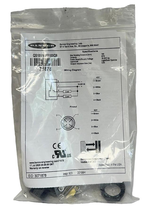 Used BANNER QS18VN6FF100Q8 / 71878 GS18 SERIES PHOTOELECTRIC SENSOR 10-30VDC NSMP