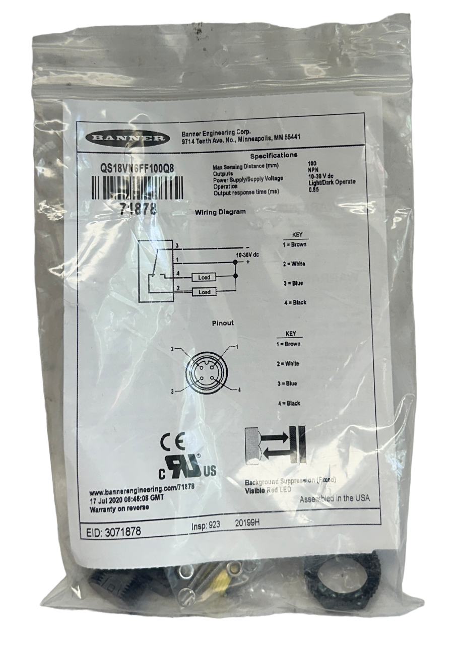 Used BANNER QS18VN6FF100Q8 / 71878 GS18 SERIES PHOTOELECTRIC SENSOR 10-30VDC NSMP