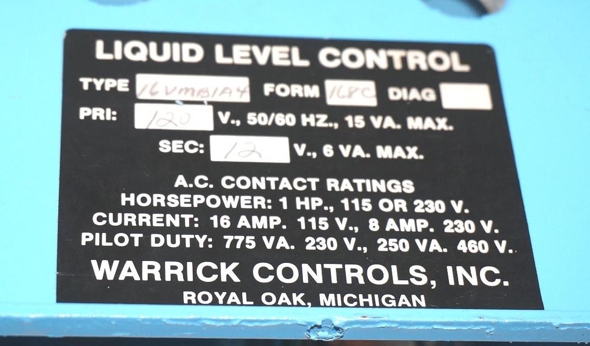 Used WARRICK CONTROLS TYPE: 16VMB1A4 FORM: 168C LIQUID LEVEL CONTROL