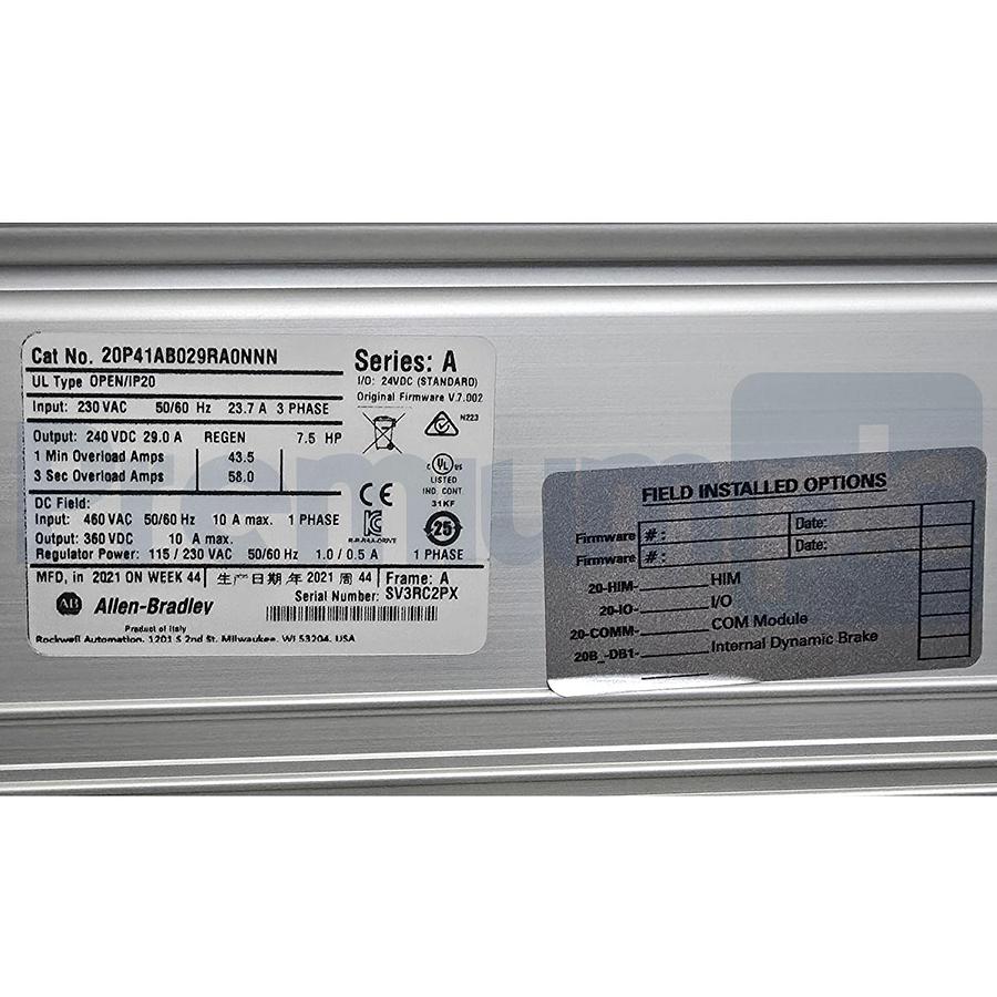 Used ALLEN BRADLEY 20P41AB029RA0NNN /A PowerFlex DC DRIVE 240VAC 3PH/29A 7.5HP NSMP