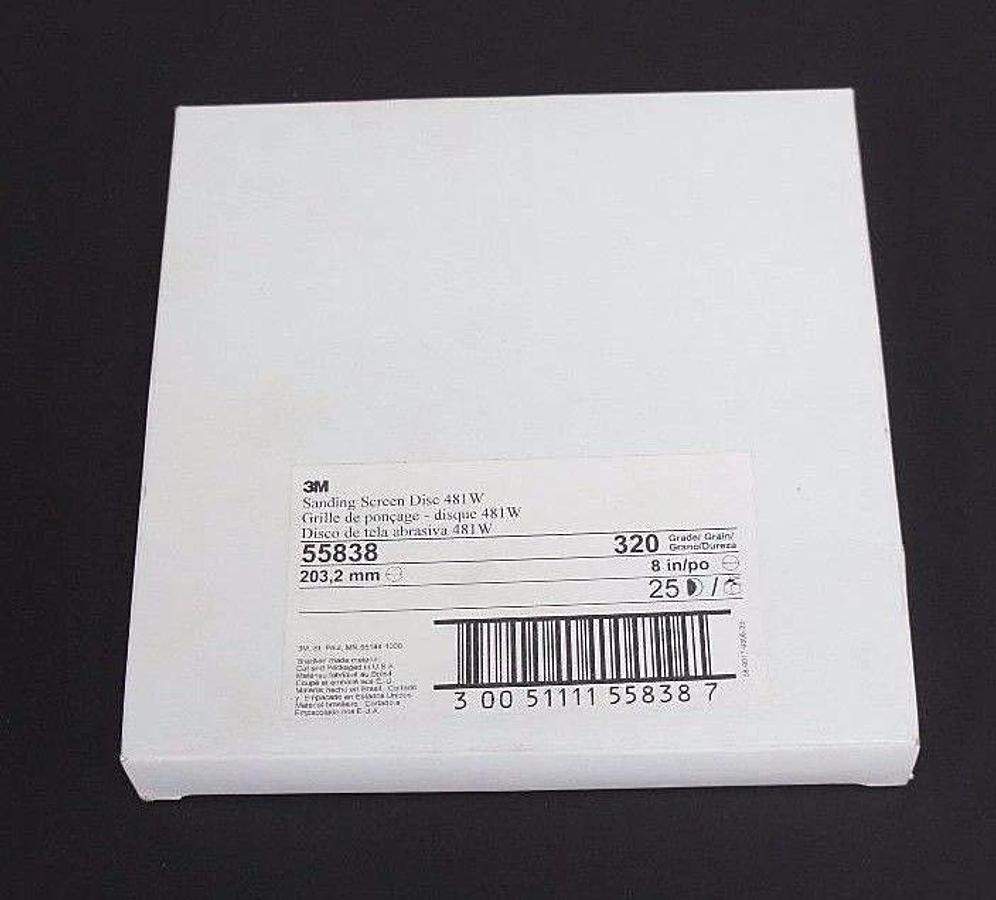 Used BOX OF 25 NIB 3M 55838 SANDING SCREEN DISCS 481W, 8'' DIA. 320 GRADE
