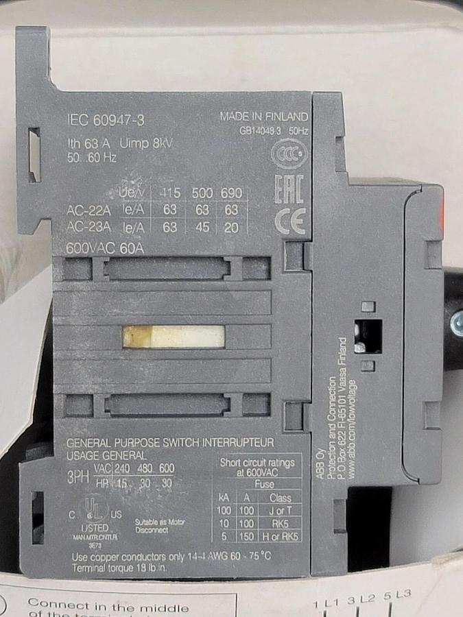 Used NIB ABB 1SCA105332R1001 DISCONNECT SWITCH OT63F3, 63 AMP 3 POLE 690 VAC