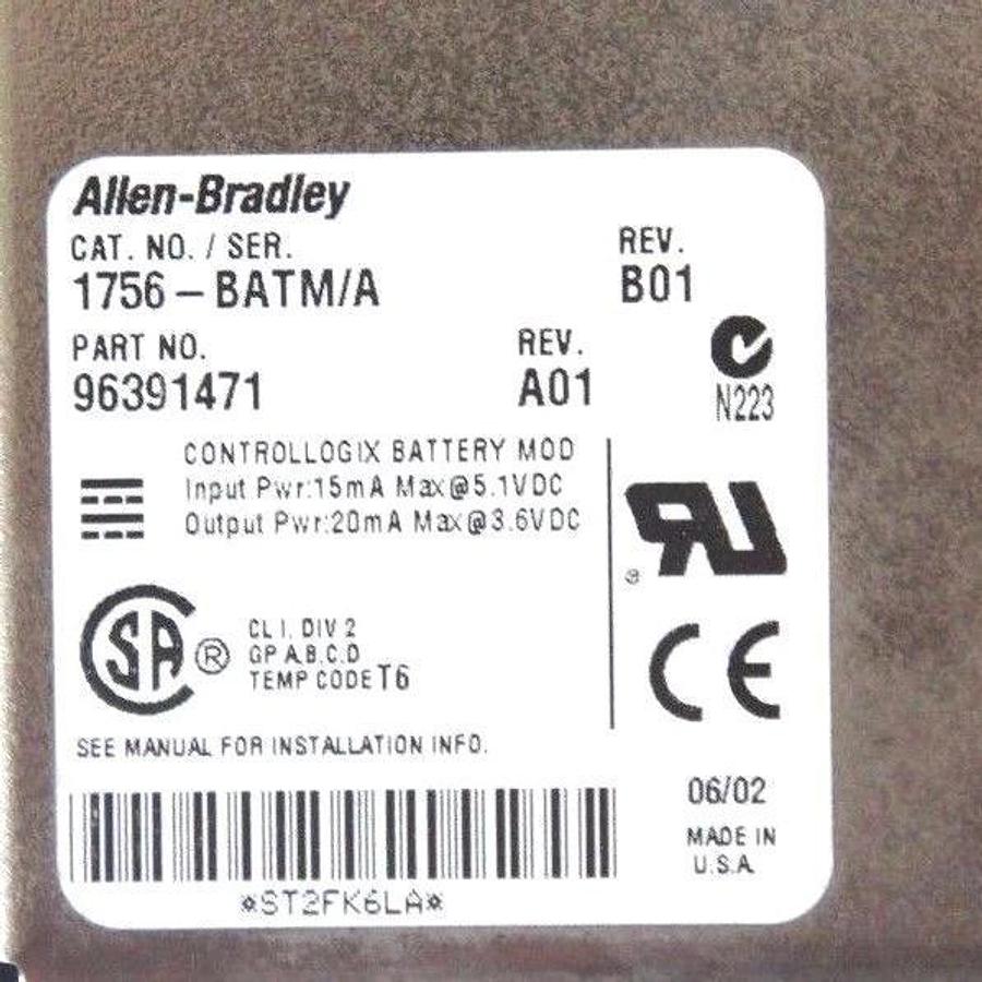 Used ALLEN BRADLEY 1758-BATM/A BATTERY MODULE REV B01, P/N 96391471 REV A01