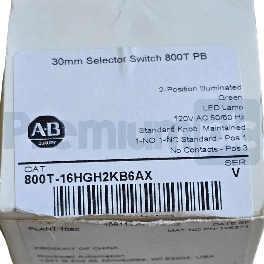 Allen-Bradley 800T-16HGH2KB6AX /V Selector Switch 30mm 2-Pos Green LED 120V NSMP