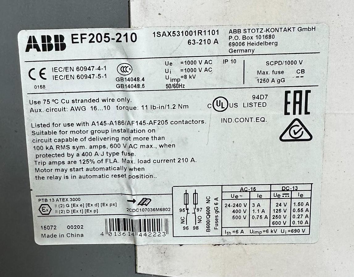 Used ABB A185-30 / A18530 CONTACTOR 275A 1000V 3-POLE W/ ABB EF205-210 OVERLOAD RELAY