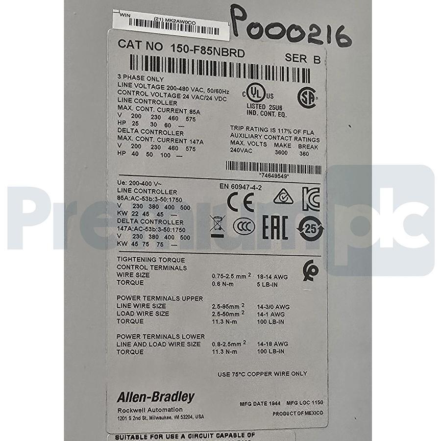 Allen-Bradley 150-F85NBRD /B SMC-3 Smart Motor Controller Soft Starter 3Ph 85A