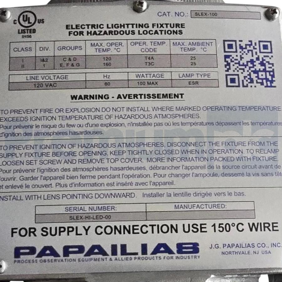 Papailias SLEX-100 EXP Hazardous Location Sight Light 120V 100W Max ESR Lamp NEW