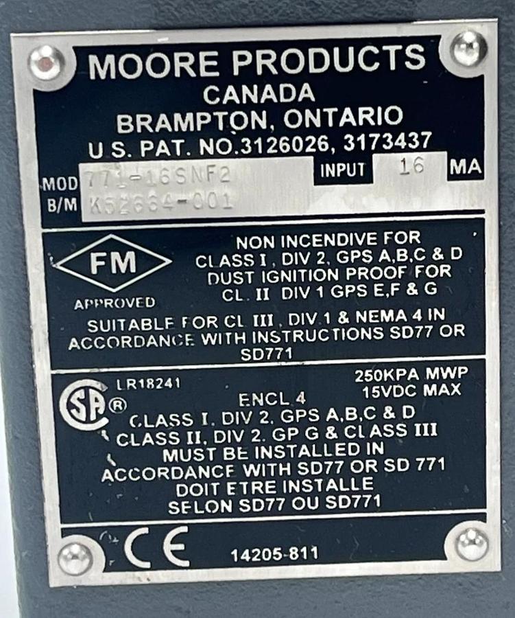 MOORE 771-16SNF2 | 77116SNF2 I/P Transducer 4-20mA Input 3-15 PSI Output NSNP