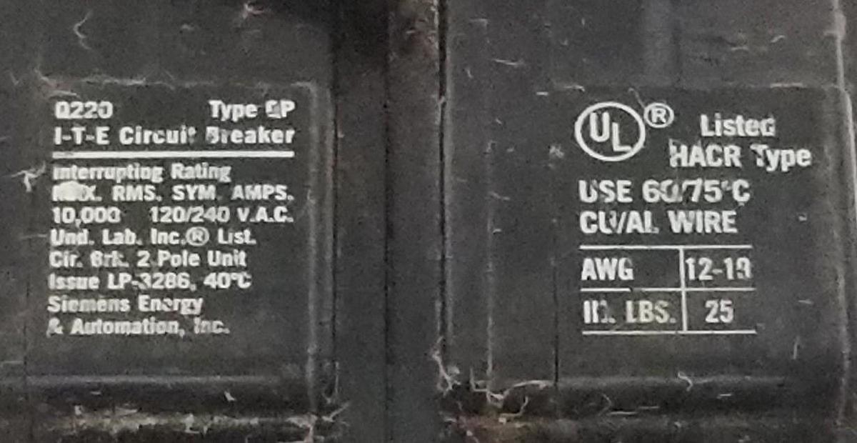 Used I-T-E Q220 TYPE QP CIRCUIT BREAKER 10Ka, 120/240V, 2P, 20A