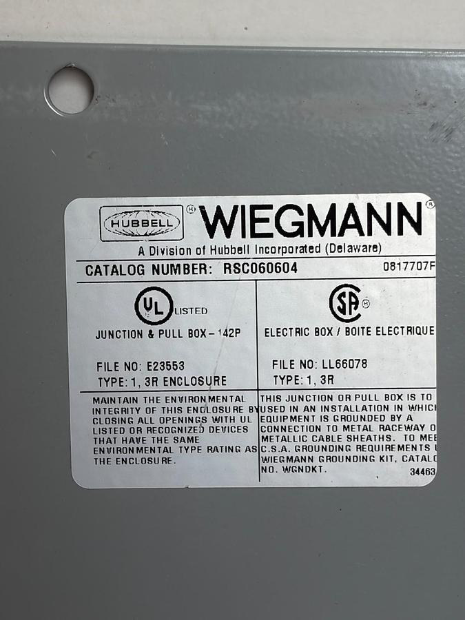 Used Wiegmann RSC060604 NEMA 3R Electrical Junction Box with Unistrut Mount