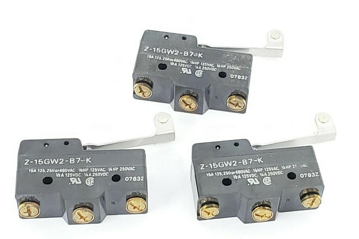 Used LOT OF 3 OMRON Z-15GW2-B7-K ROLLER LIMIT SWITCHES 15A 125-250-480VAC Z15GW2B7K