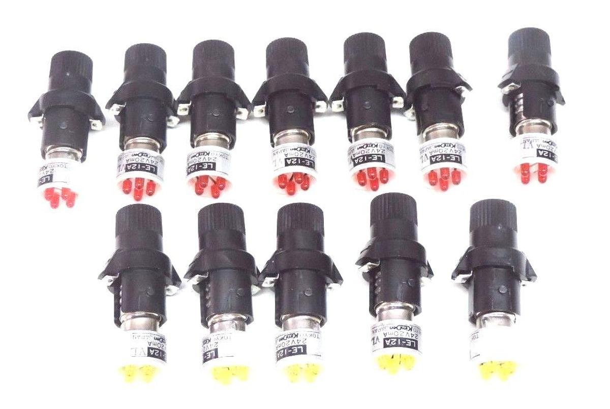 Used LOT OF 12 KIMUDEN LE-12A LIGHT INDICATORS (7) RED, (5) YELLOW, 24V, 20mA, LE12A