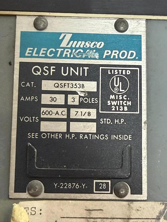 Used Zinsco QSFT353B QSF Unit Busway Plug Disconnect Switch 30A 600V 3 Pole Dual