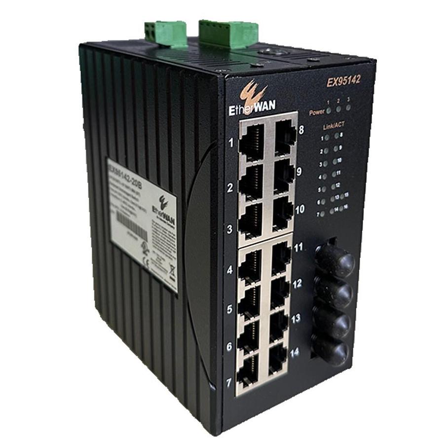 Used NEW EtherWAN EX95142-20B / EX9514220B HARDENED UNMANAGED SWITCH 16-PORT 10/100TX