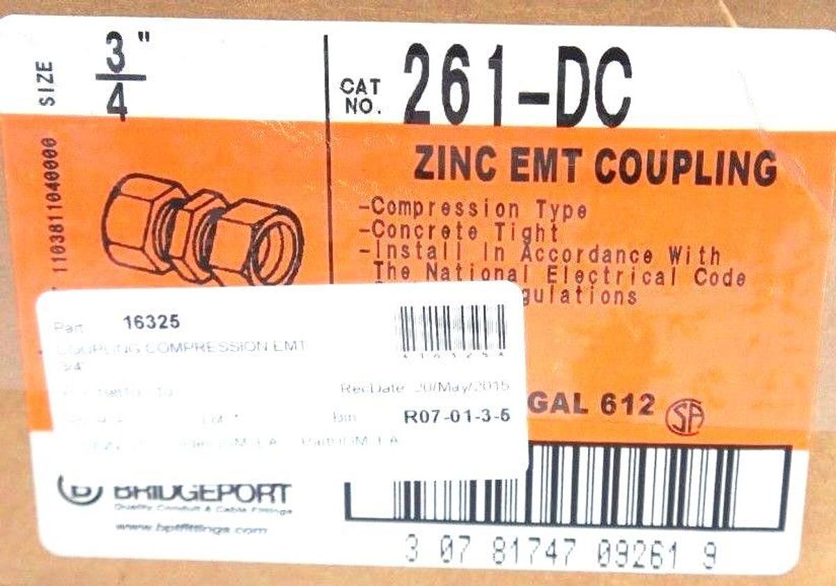 Used BOX OF 24 BRIDGEPORT 261-DC EMT COUPLINGS 3/4" COMPRESSION TYPE CONCRETE TIGHT