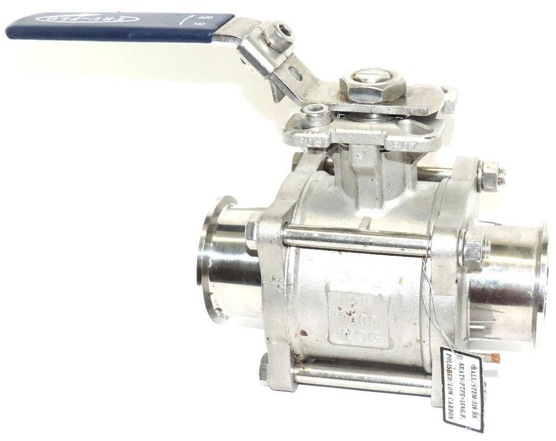 Used TRU-FLO 2" 1000 WOG STAINLESS BALL VALVE WITH MALE/MALE CLAMP FITTINGS