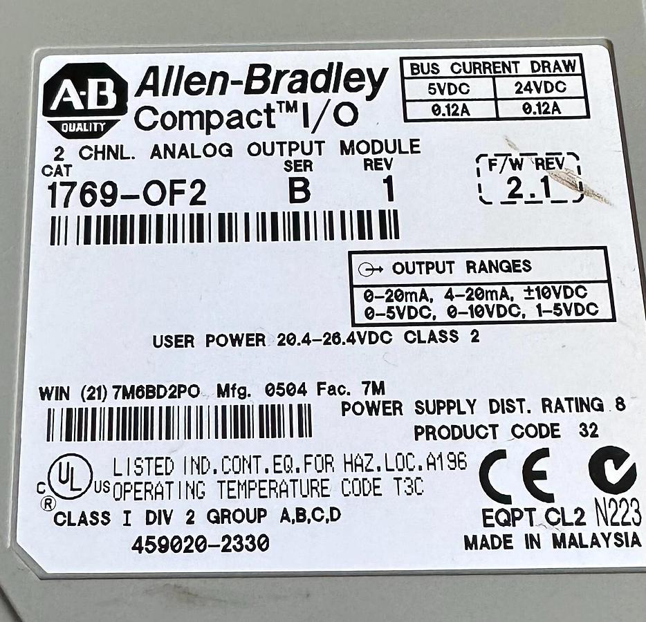 Used ALLEN BRADLEY 1769-OF2 /B Compact I/O 2CHNL ANALOG OUTPUT MODULE FW. 2.1 1769OF2