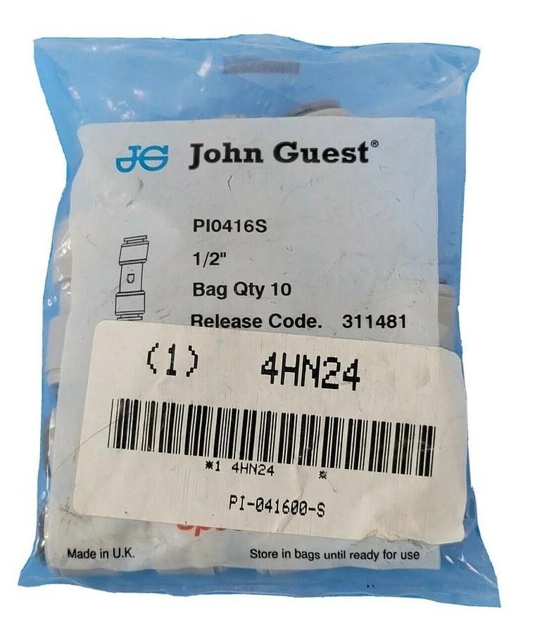 Used LOT OF 10 JOHN GUEST PI-0416-S CONNECTORS STRAIGHT UNION 1/2IN OD PI0416S 4HN24