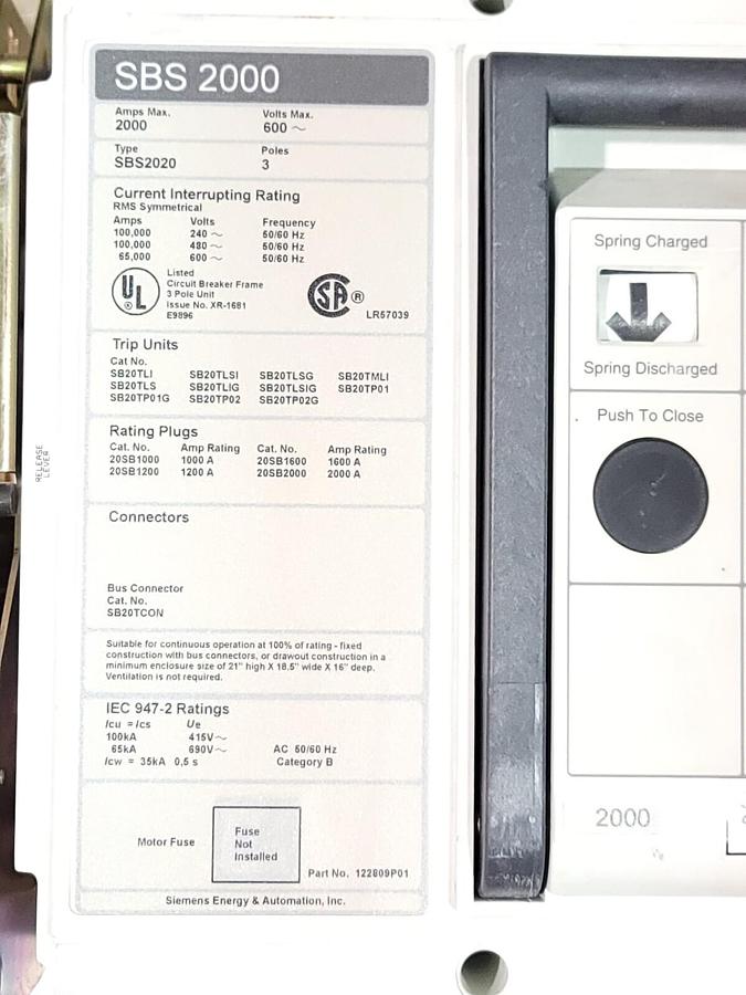 Used SIEMENS SBS2020DV / SBS2020 DRAWOUT BREAKER SBS 2000 W/2000A TRIP UNIT