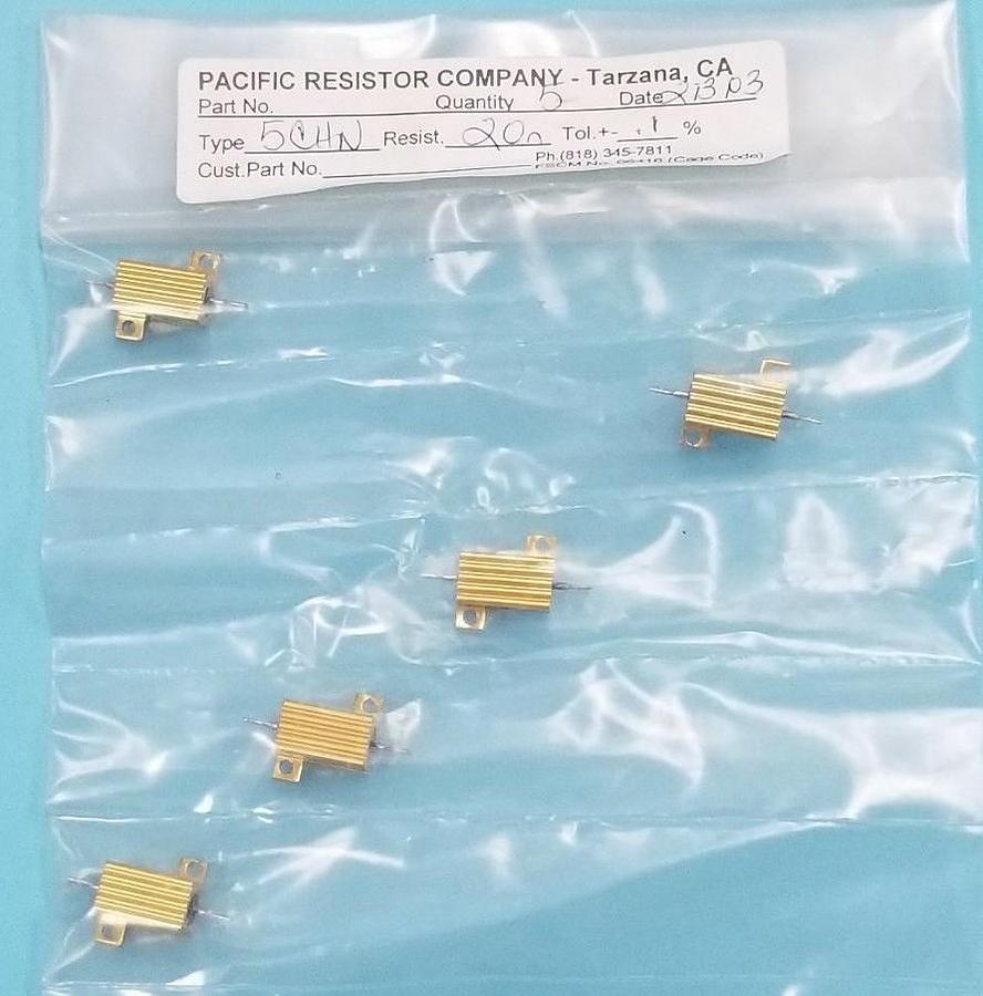 Used LOT OF 5 NEW PACIFIC RESISTOR COMPANY 5CHN RESISTORS 20 OHM, +/-0.1%, 5W