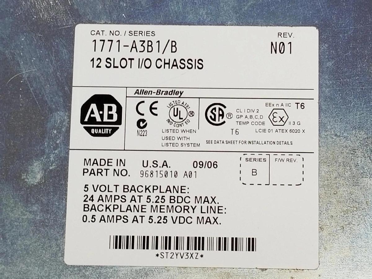 Used ALLEN-BRADLEY 1771-A3B1/B 12 SLOT I/O CHASSIS 1771A3B1 W/ 1771-P7 POWER SUPPLY