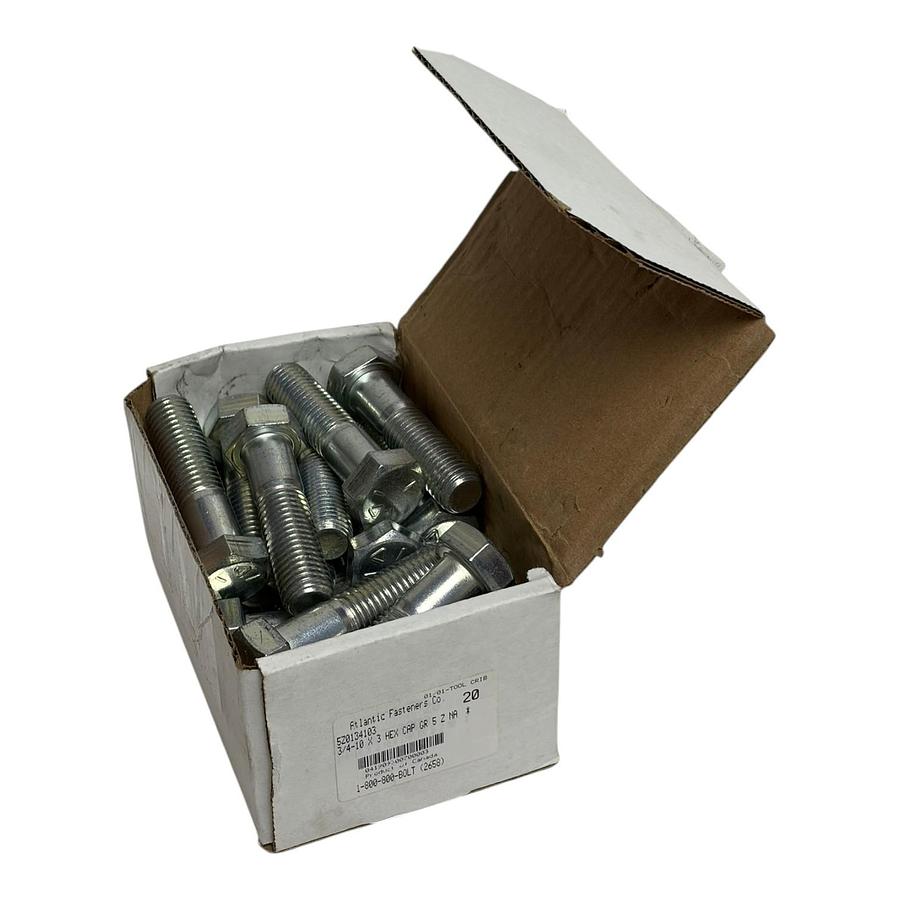 Used Box of 20 Atlantic Fasteners 3/4-10 x 3" Grade 5 Zinc Hex Cap Screw Bolts