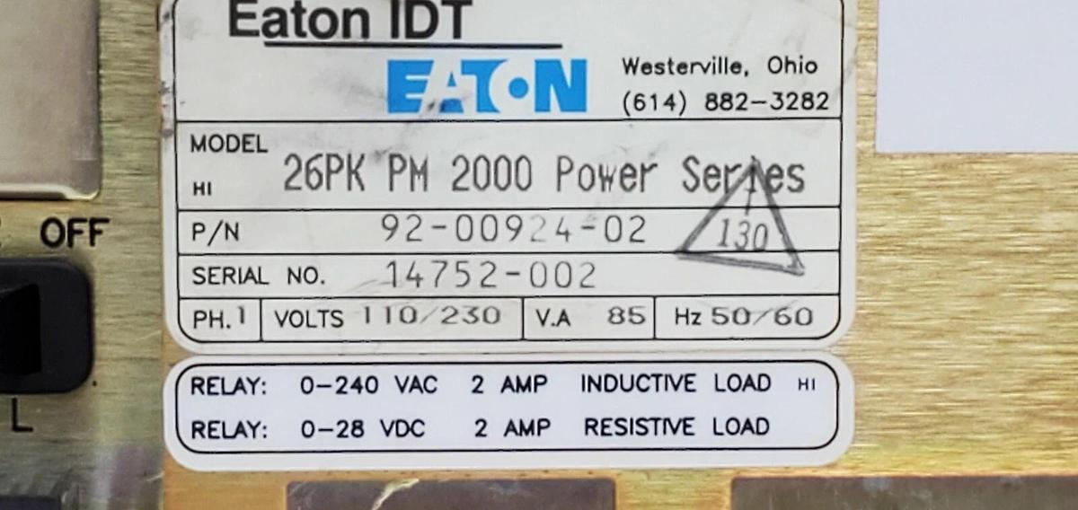 Used EATON IDT 26PK PM 2000 POWER SERIES CONTROL MODULE 92-00924-02 110/230V 85VA 1PH